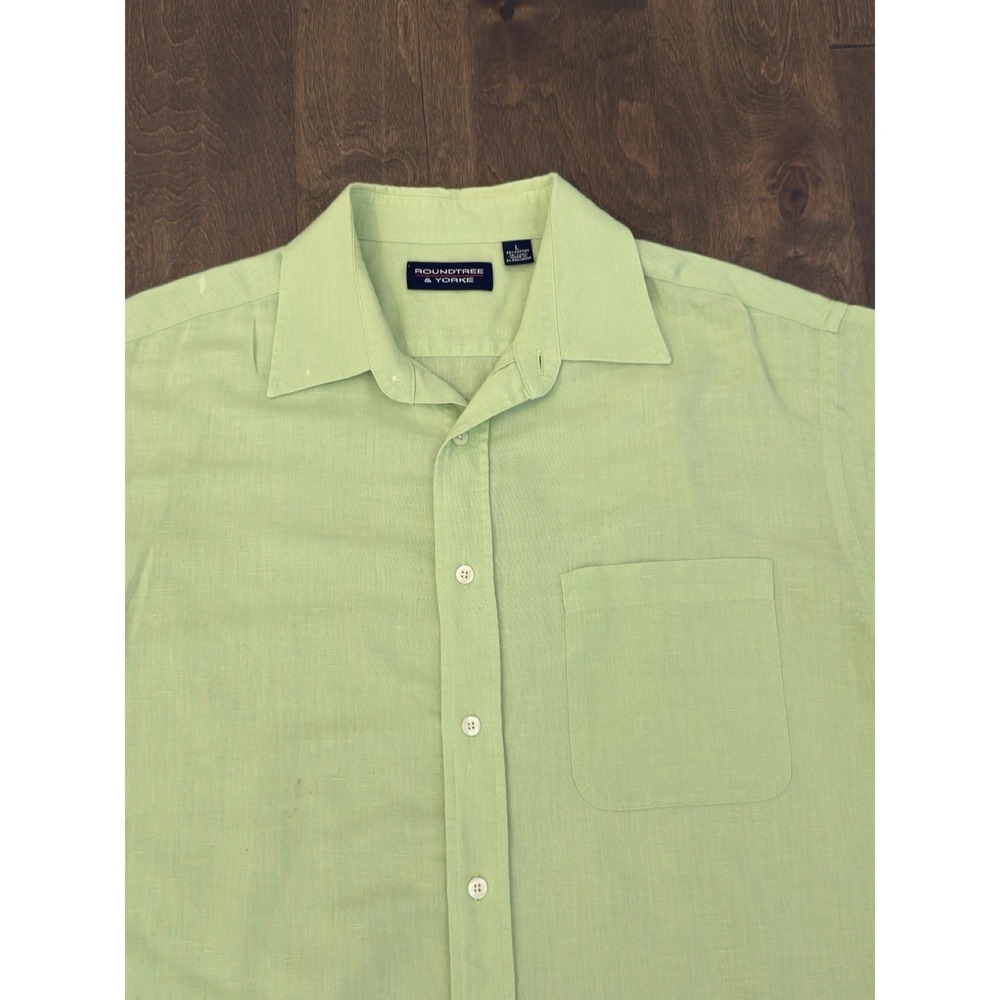Roundtree Yorke Mens Green Linen Blend Button Down Short Sleeve Shirt Size Large